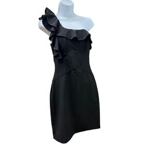 Black Halo Mini Dress Black One Shoulder Ruffle US 2 Excellent Party Wedding
